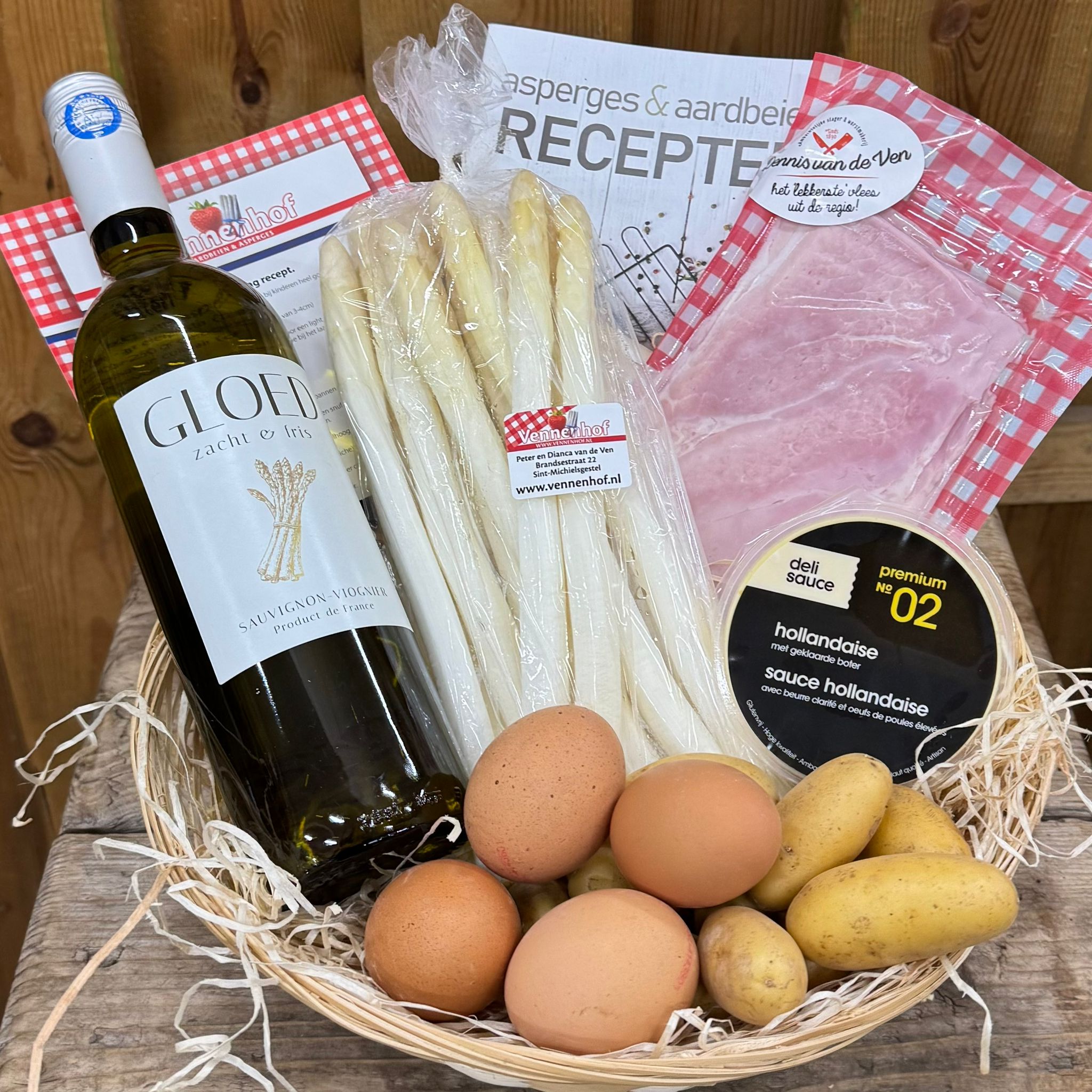 Pakket 3 asperges, wijn, ham, eieren en krielaardappelen